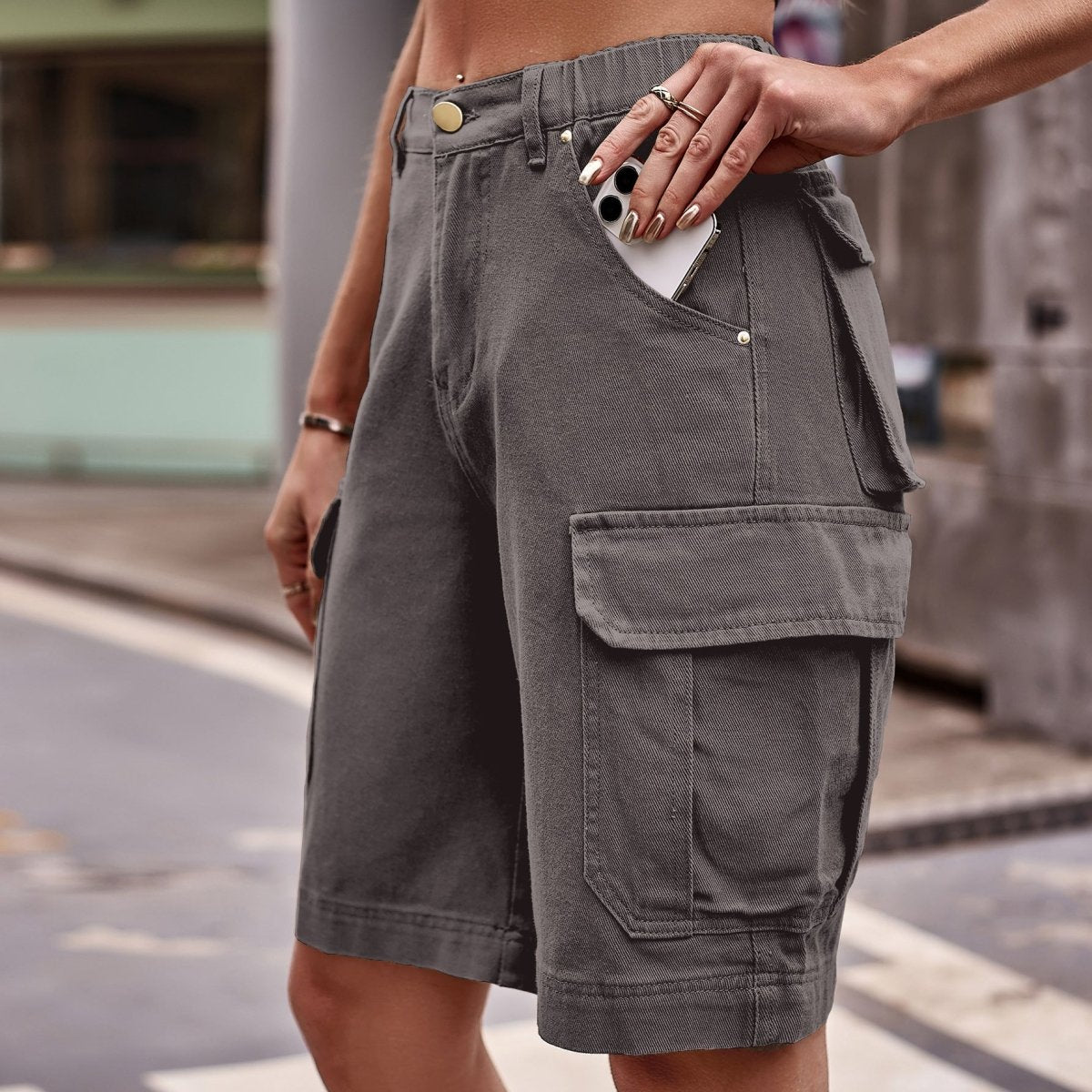 Denim Cargo Shorts with Pockets - Bottoms