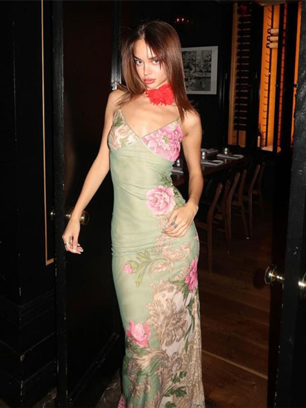Designed vacation casual slim positioning printed suspender dress - Party Dress