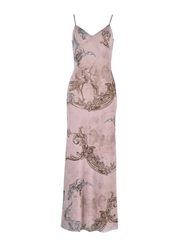Designed vacation casual slim positioning printed suspender dress - Party Dress