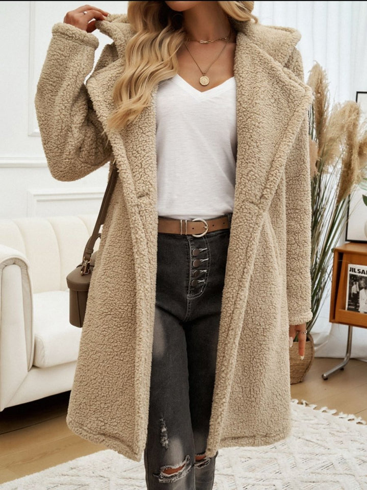 Devine Pocketed Long Sleeve Hooded Teddy Coat - Outerwear