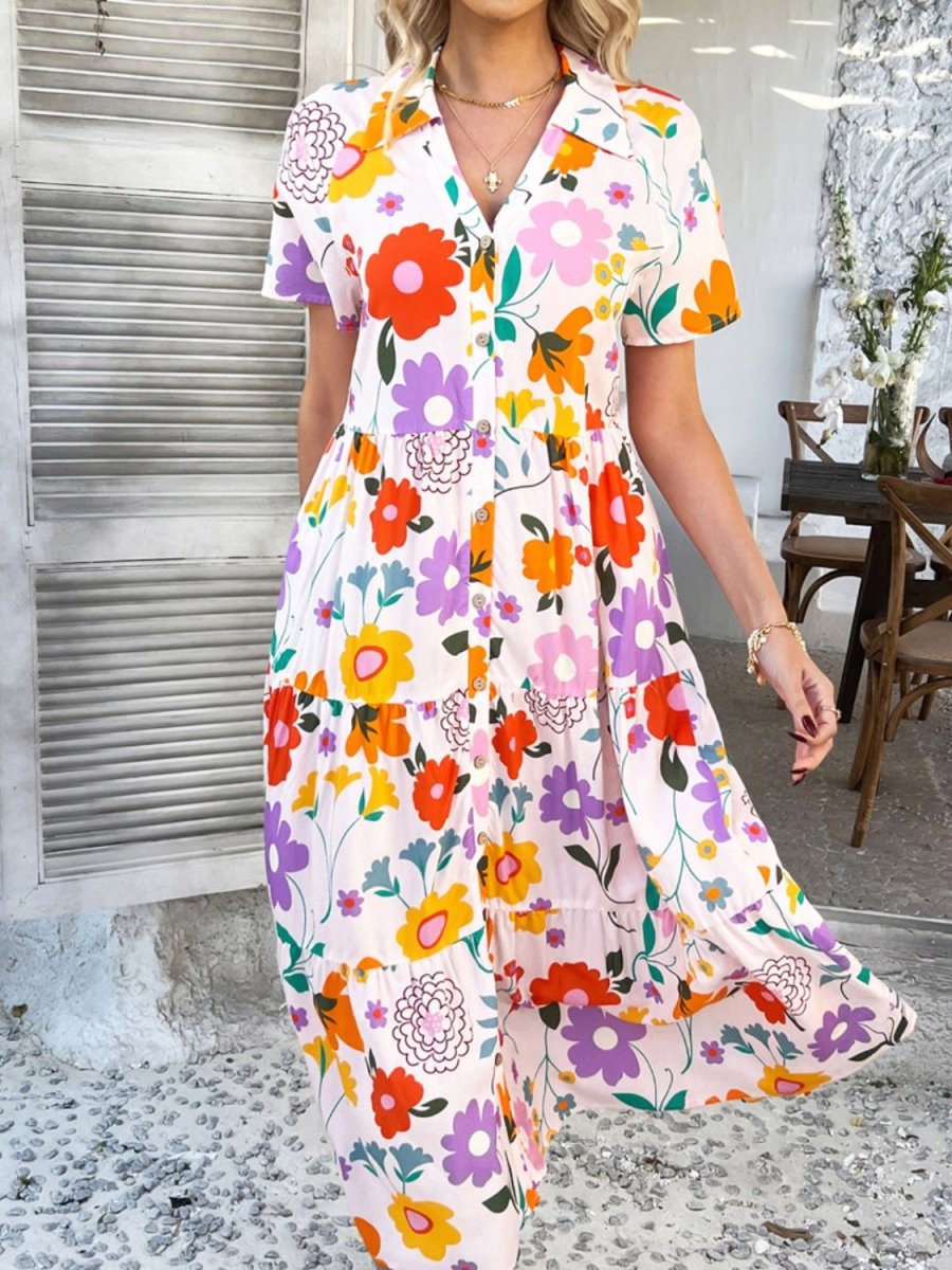 Devine Printed Johnny Collar Button Down Short Sleeve Midi Shirt Dress - New Arrivals