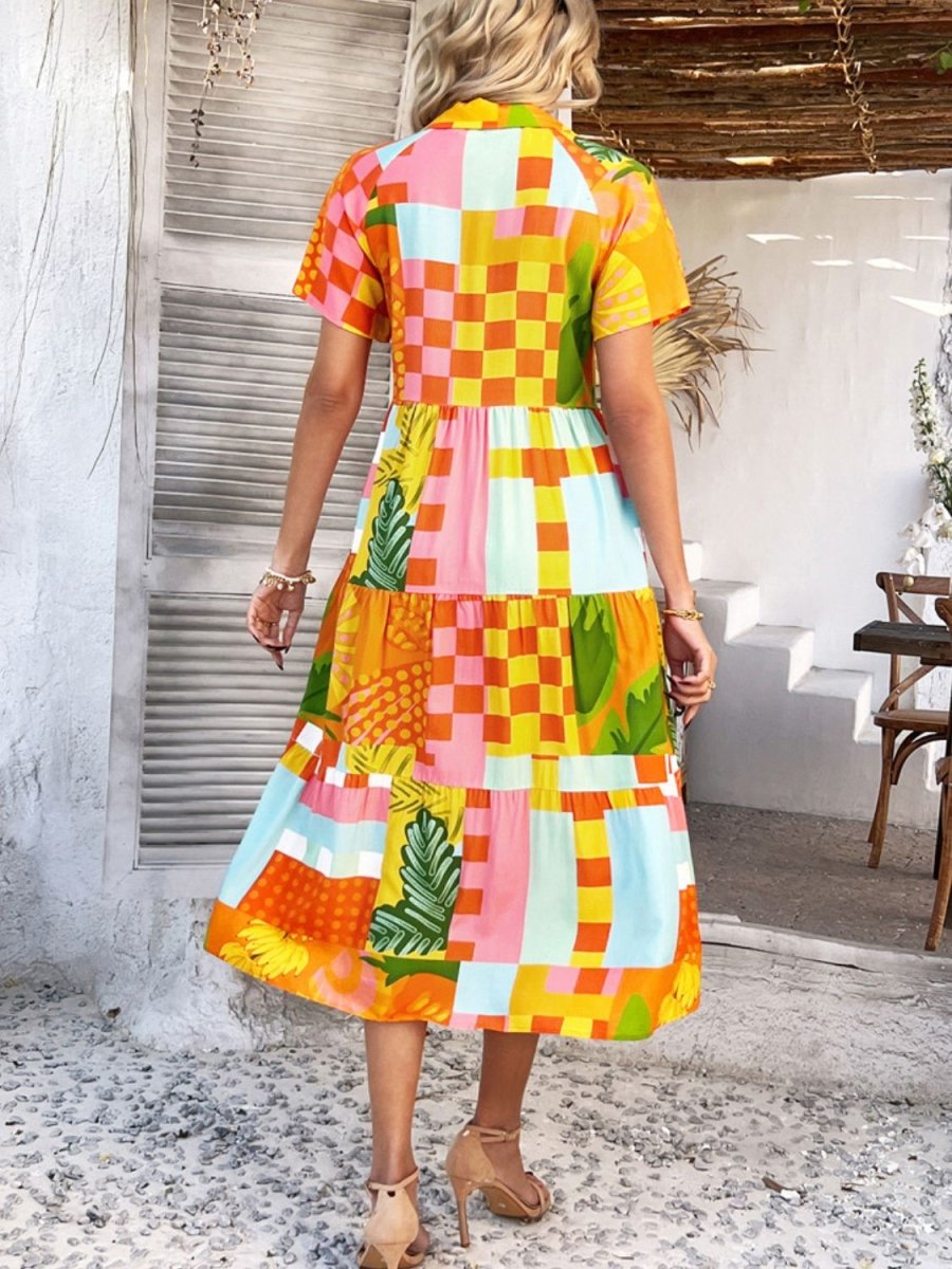 Devine Printed Johnny Collar Button Down Short Sleeve Midi Shirt Dress - New Arrivals