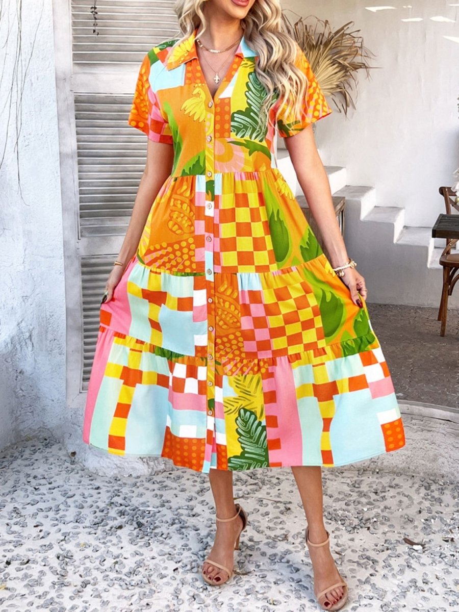 Devine Printed Johnny Collar Button Down Short Sleeve Midi Shirt Dress - New Arrivals