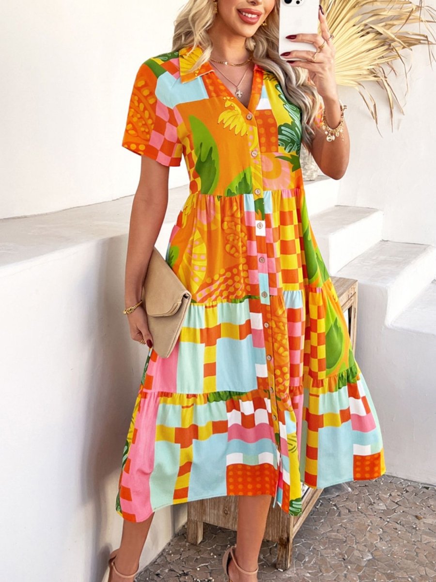 Devine Printed Johnny Collar Button Down Short Sleeve Midi Shirt Dress - New Arrivals