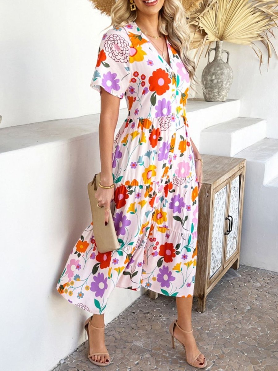 Devine Printed Johnny Collar Button Down Short Sleeve Midi Shirt Dress - New Arrivals