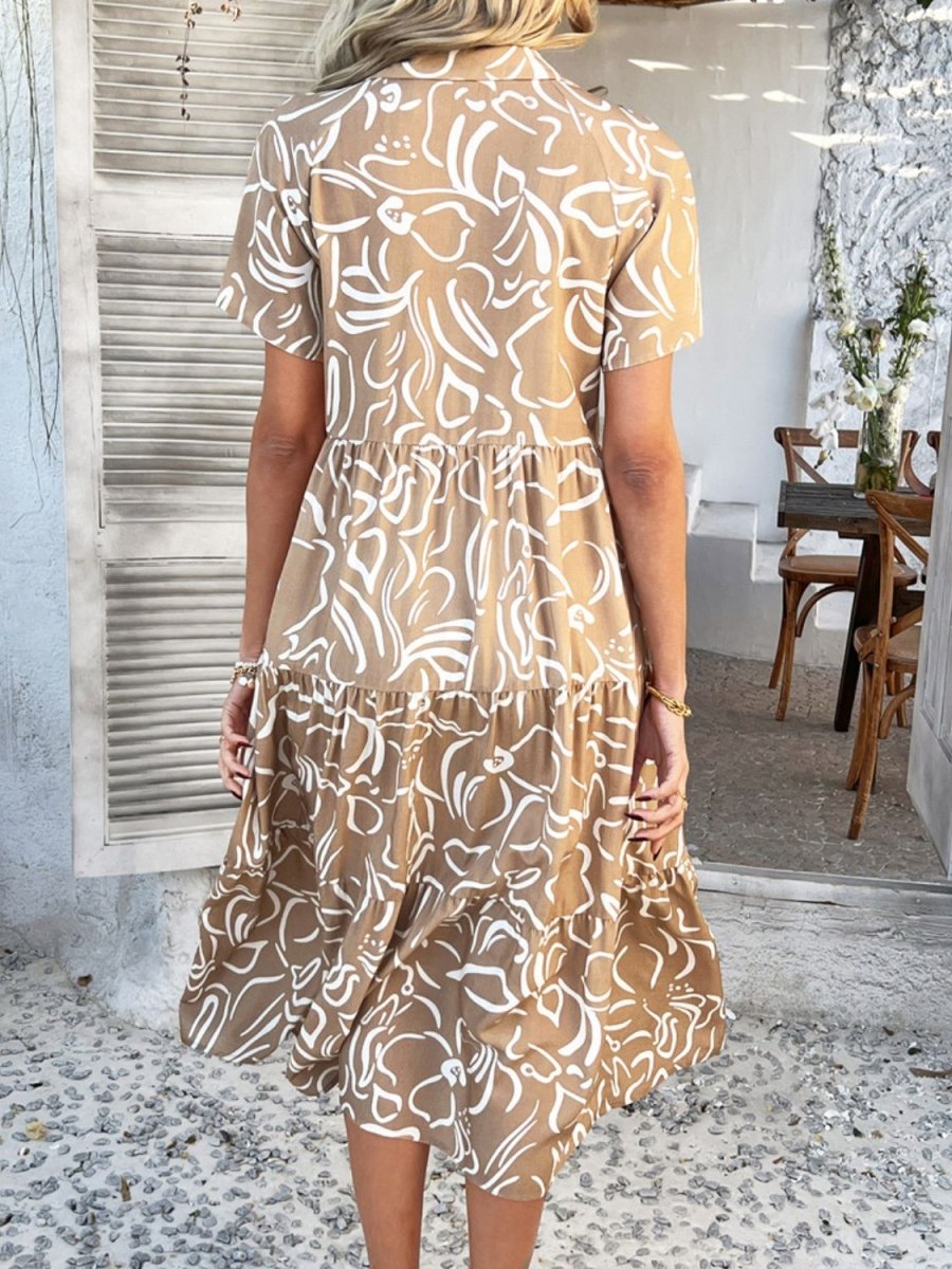 Devine Printed Johnny Collar Button Down Short Sleeve Midi Shirt Dress - New Arrivals