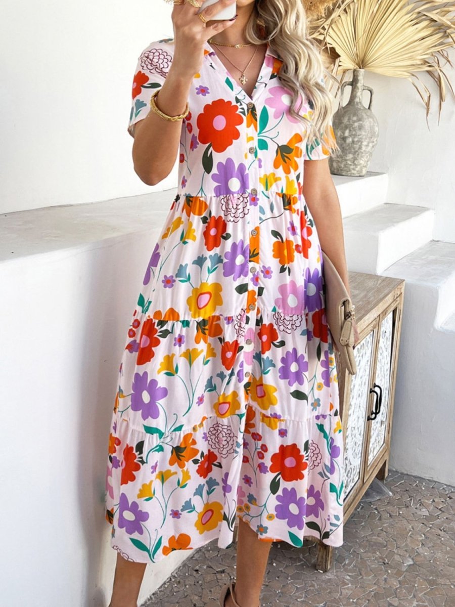 Devine Printed Johnny Collar Button Down Short Sleeve Midi Shirt Dress - New Arrivals