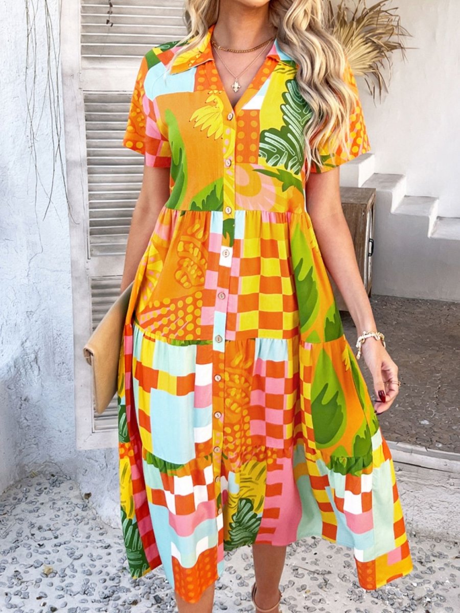 Devine Printed Johnny Collar Button Down Short Sleeve Midi Shirt Dress - New Arrivals