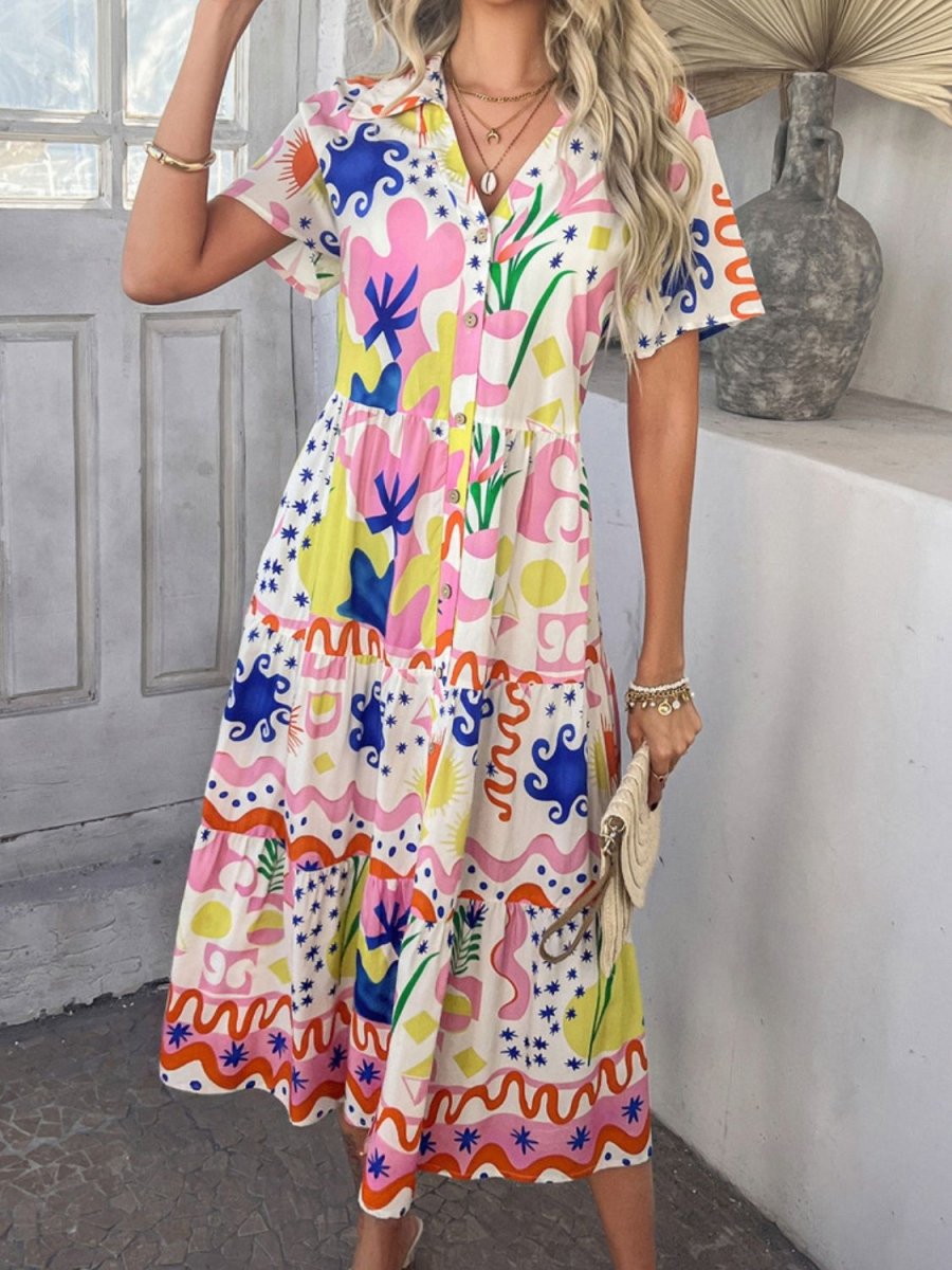 Devine Printed Johnny Collar Button Down Short Sleeve Midi Shirt Dress - New Arrivals