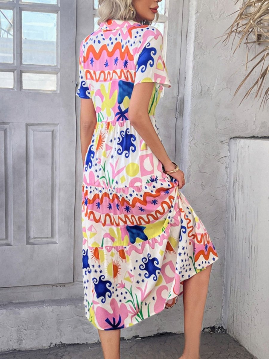 Devine Printed Johnny Collar Button Down Short Sleeve Midi Shirt Dress - New Arrivals