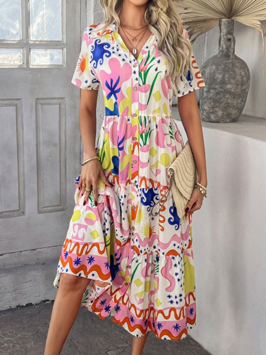 Devine Printed Johnny Collar Button Down Short Sleeve Midi Shirt Dress - New Arrivals
