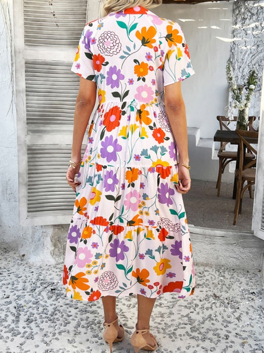 Devine Printed Johnny Collar Button Down Short Sleeve Midi Shirt Dress - New Arrivals