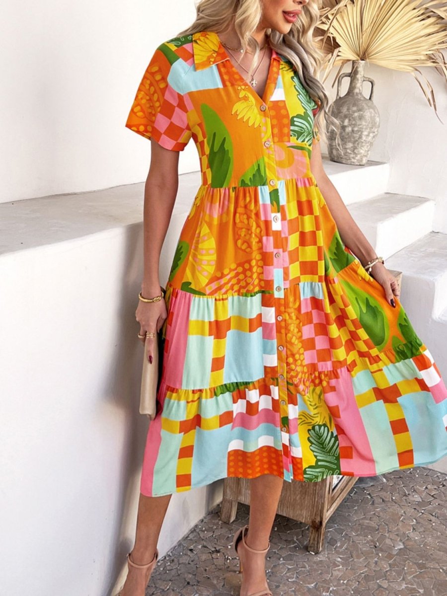 Devine Printed Johnny Collar Button Down Short Sleeve Midi Shirt Dress - New Arrivals