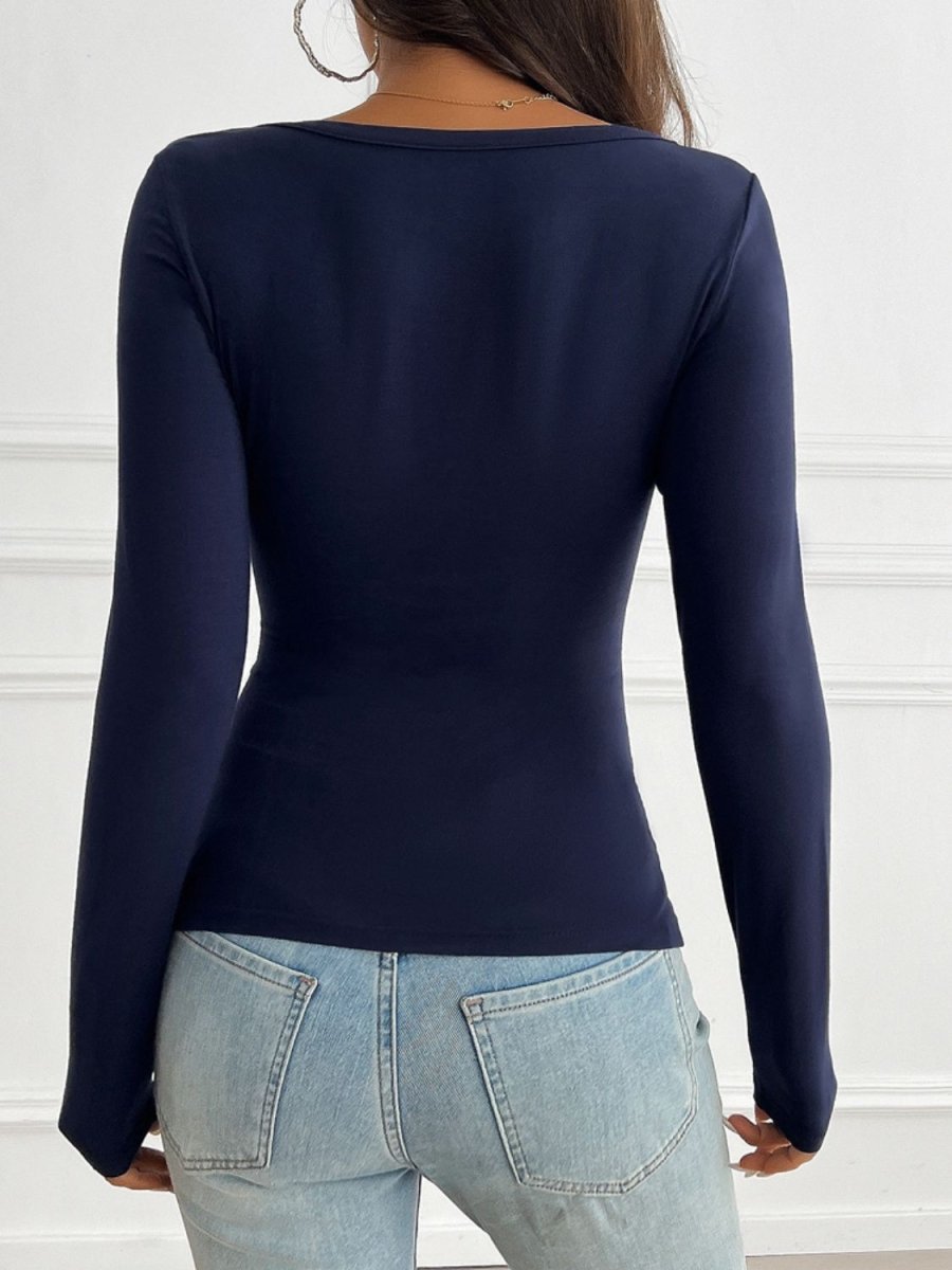Devine Ruched V - Neck Long Sleeve T-Shirt - Top