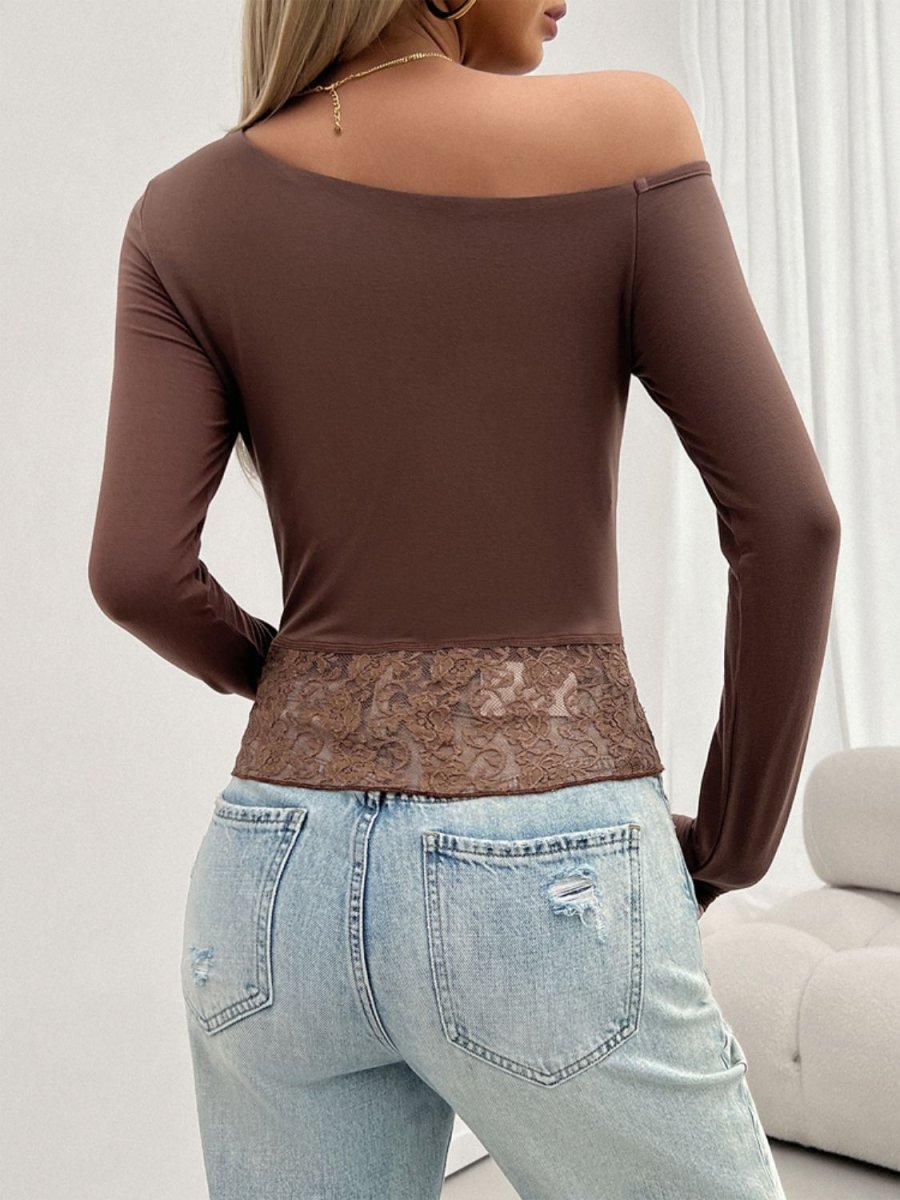 Devine Single Shoulder Long Sleeve Lace T-Shirt - Top