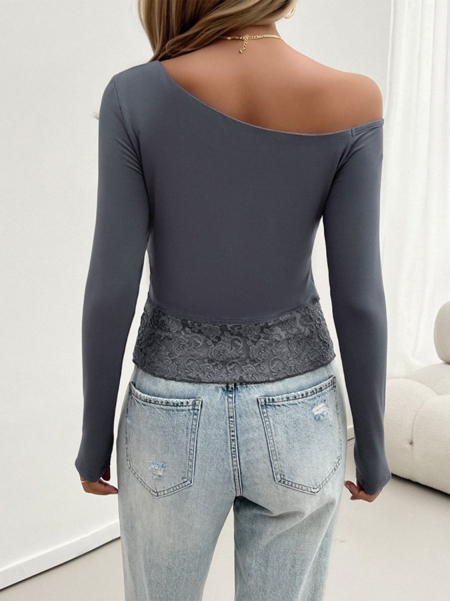 Devine Single Shoulder Long Sleeve Lace T-Shirt - Top