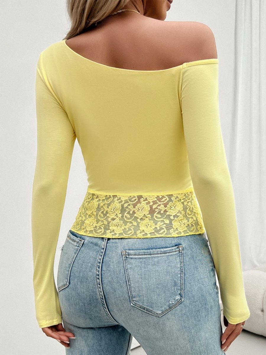 Devine Single Shoulder Long Sleeve Lace T-Shirt - Top