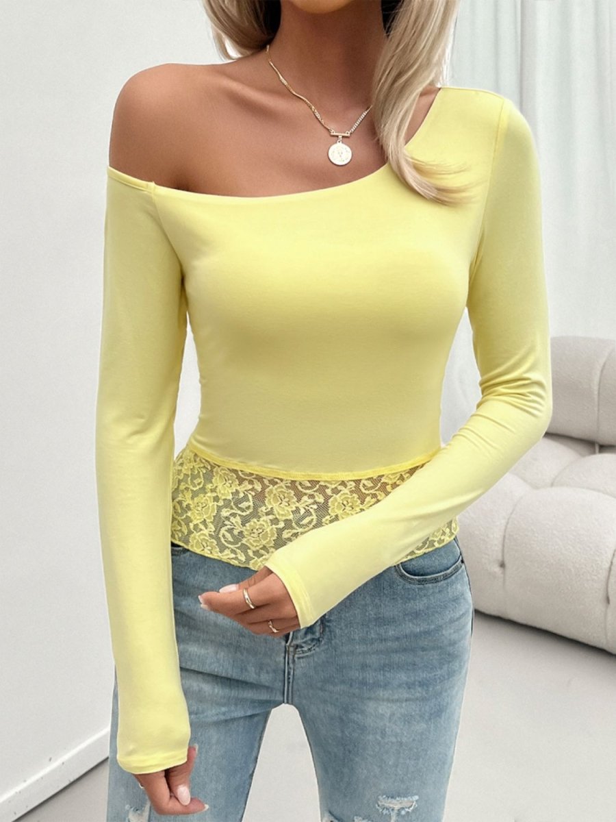 Devine Single Shoulder Long Sleeve Lace T-Shirt - Top