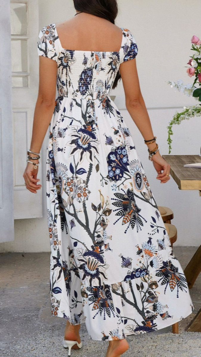 Devine Smocked Printed Short Sleeve Maxi Dress - New Arrivals