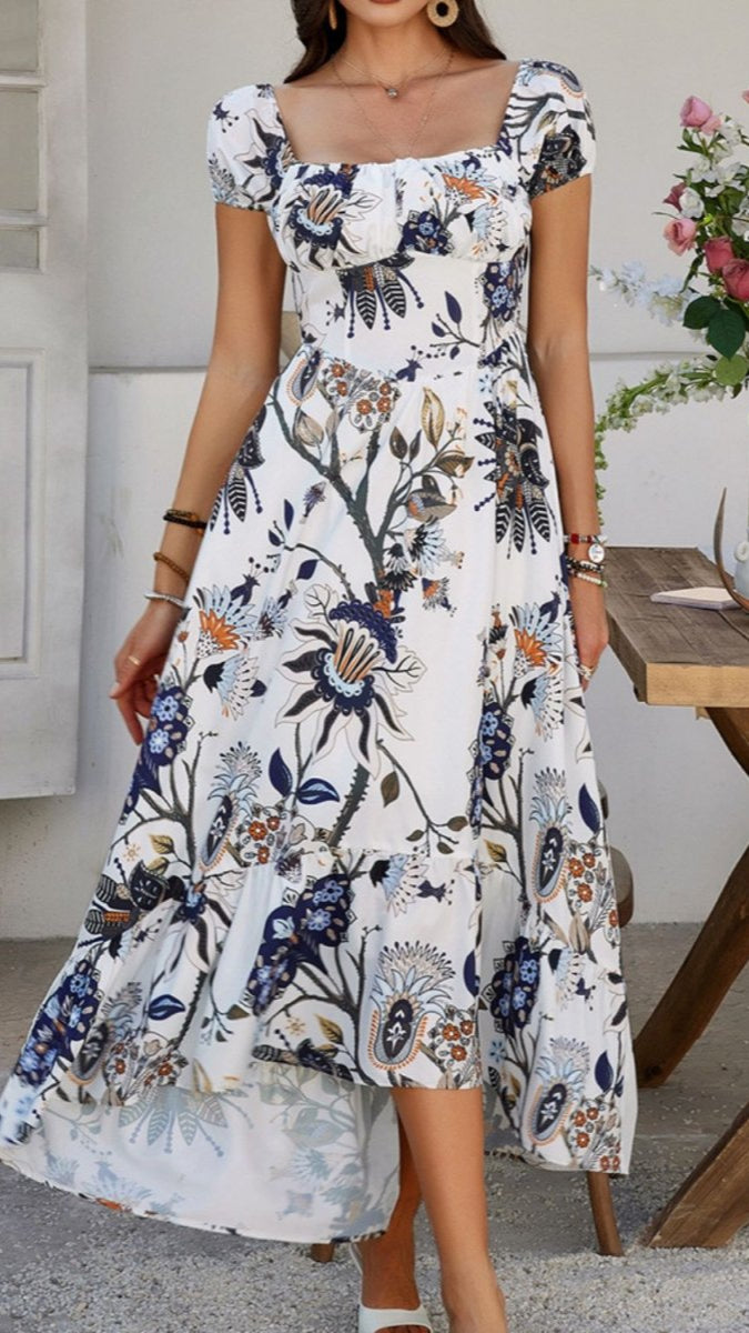 Devine Smocked Printed Short Sleeve Maxi Dress - New Arrivals