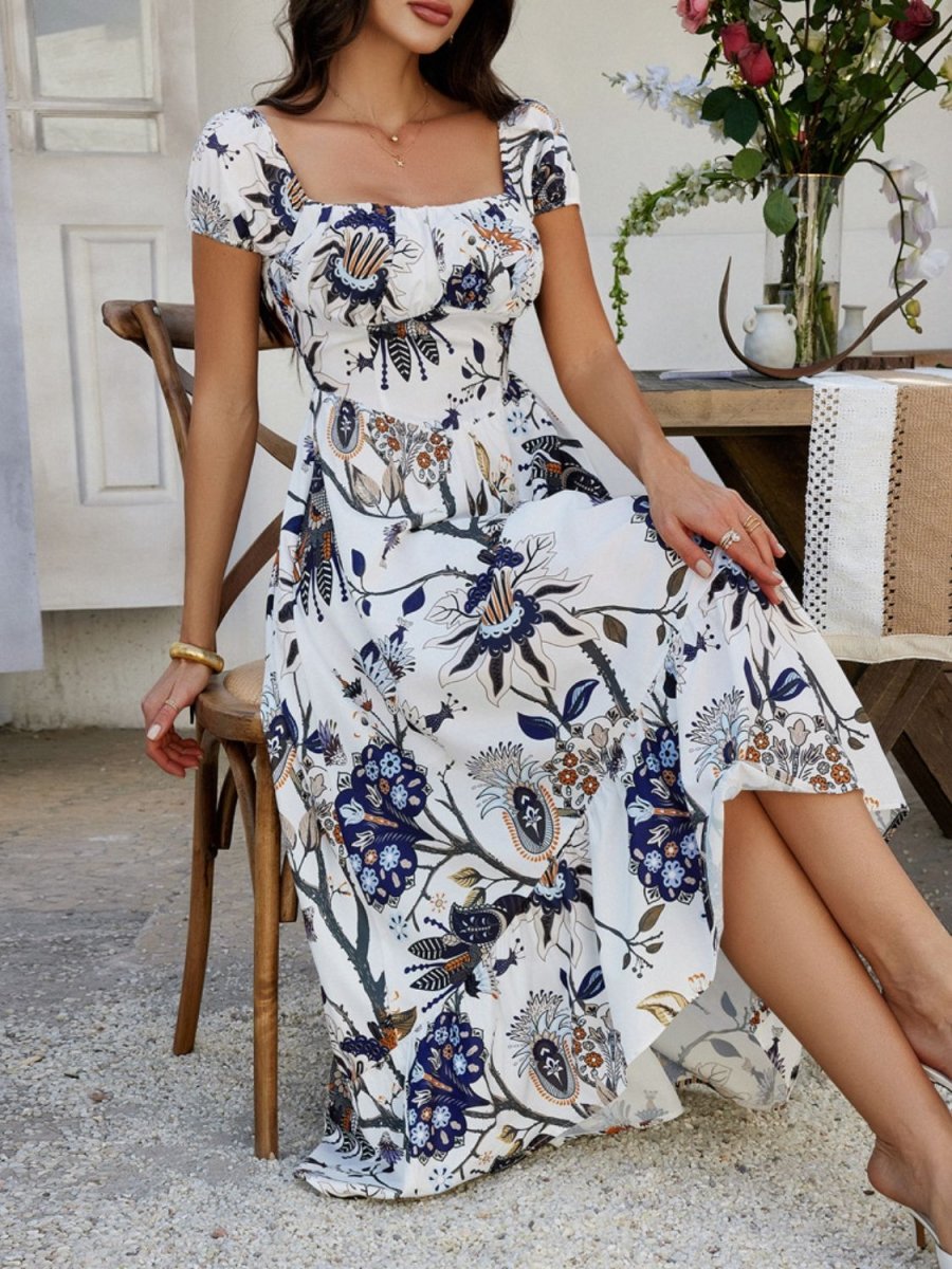 Devine Smocked Printed Short Sleeve Maxi Dress - New Arrivals