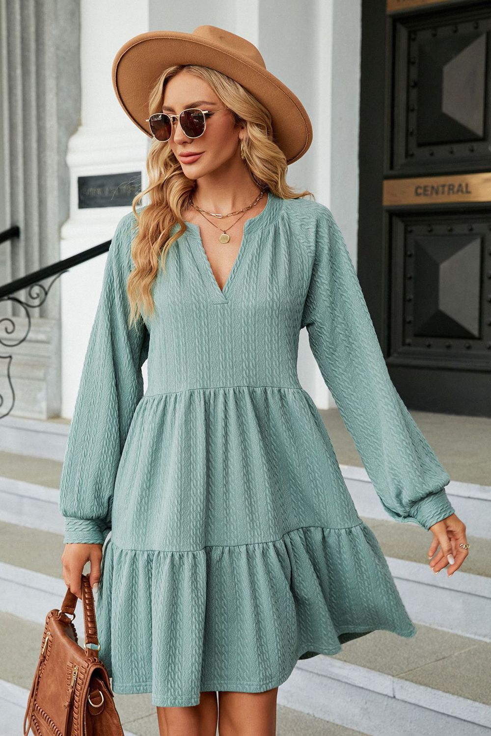 notched neck long sleeve mini dress