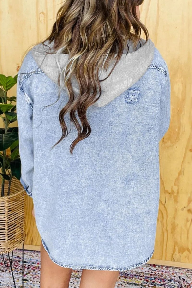 Distressed Button Up Long Sleeve Denim Jacket - Outerwear