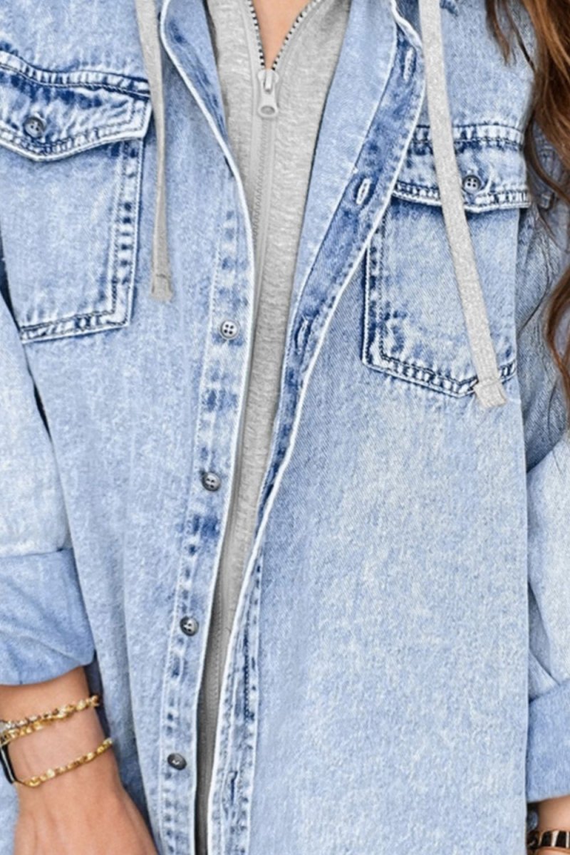 Distressed Button Up Long Sleeve Denim Jacket - Outerwear