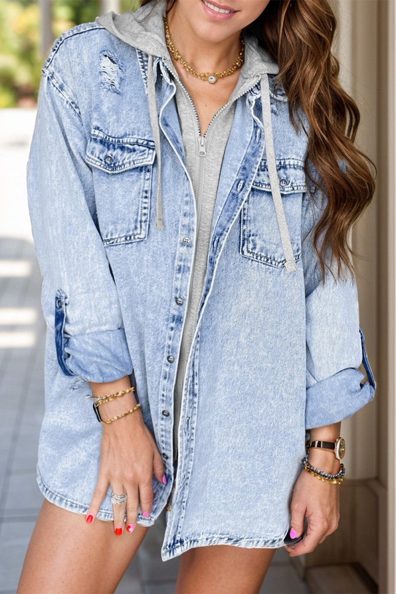 Distressed Button Up Long Sleeve Denim Jacket - Outerwear