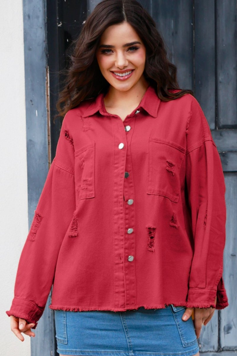 Distressed Button Up Raw Hem Denim Jacket - Outerwear