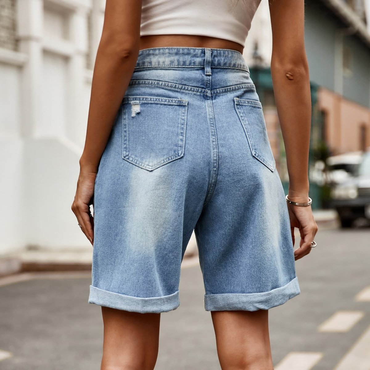 Distressed Buttoned Denim Shorts with Pockets - Bottoms