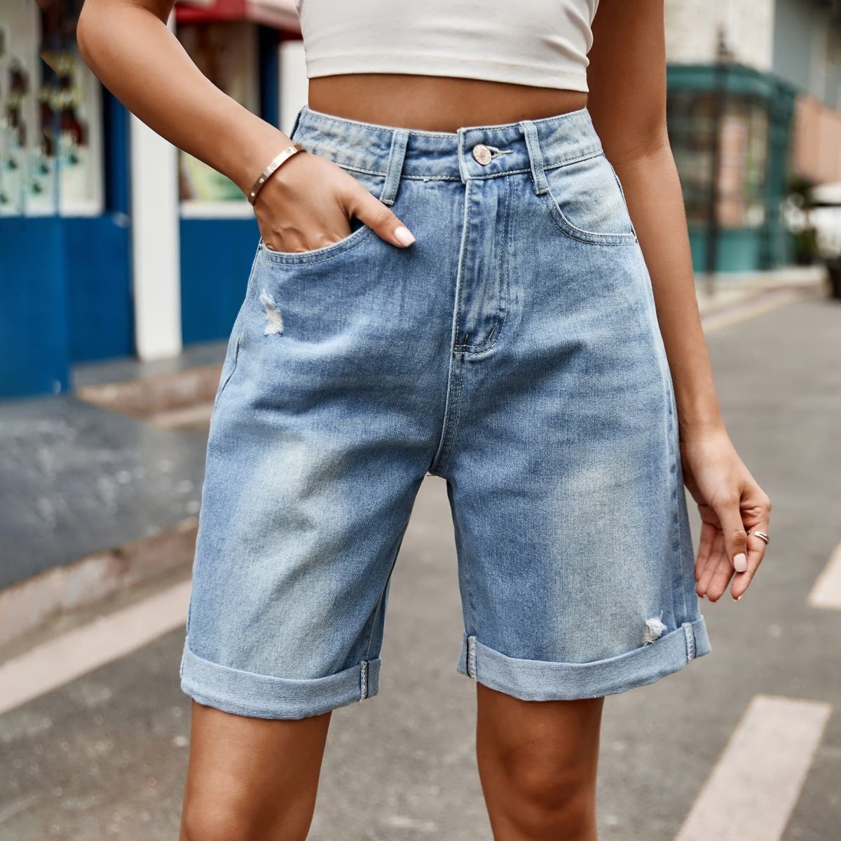 Distressed Buttoned Denim Shorts with Pockets - Bottoms