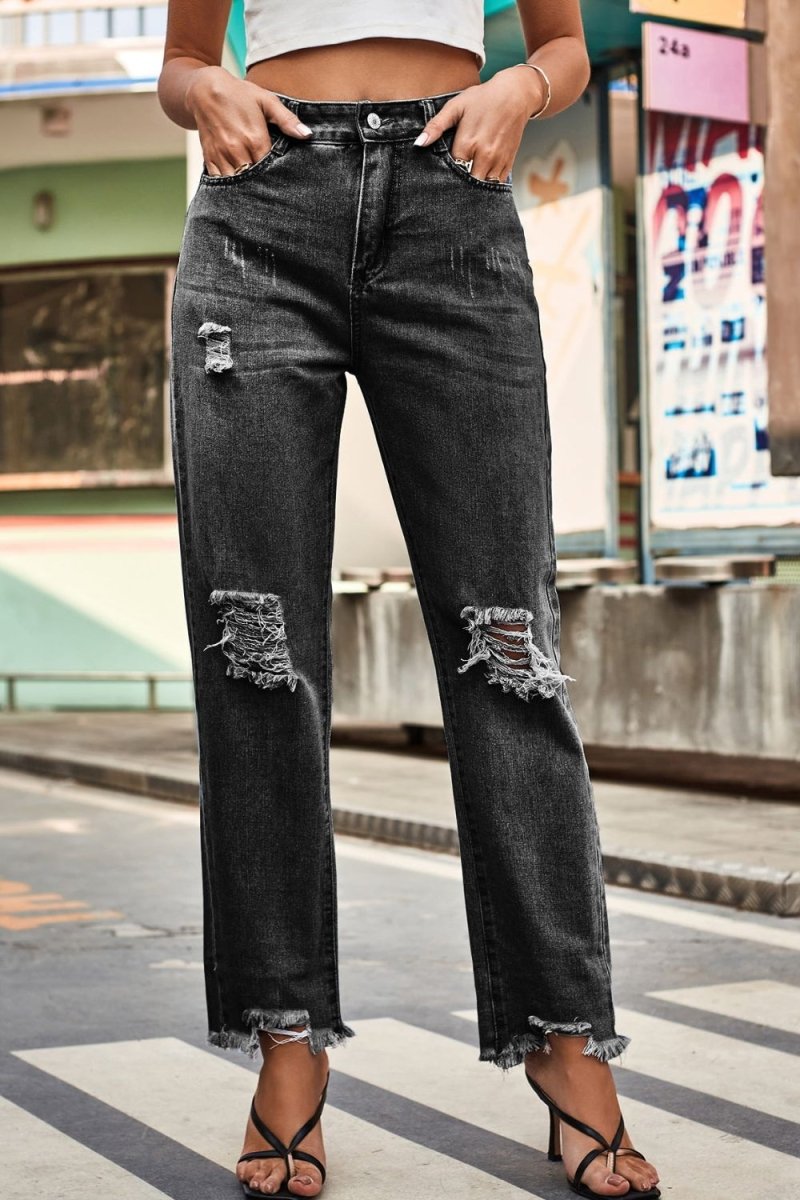 Distressed Buttoned Loose Fit Jeans - Bottoms
