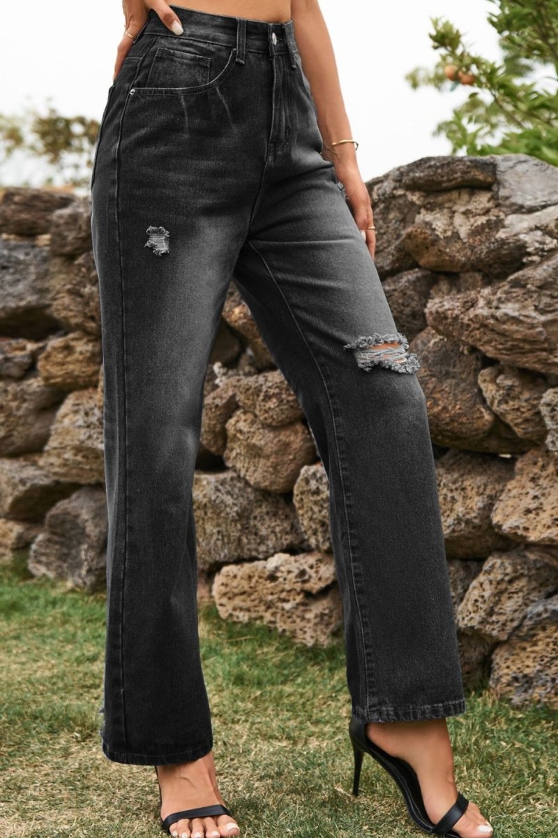 Distressed Buttoned Loose Fit Jeans - Bottoms