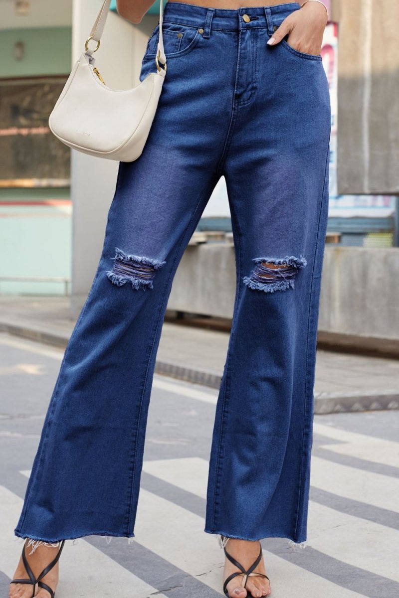 Distressed Buttoned Loose Fit Jeans - Bottoms