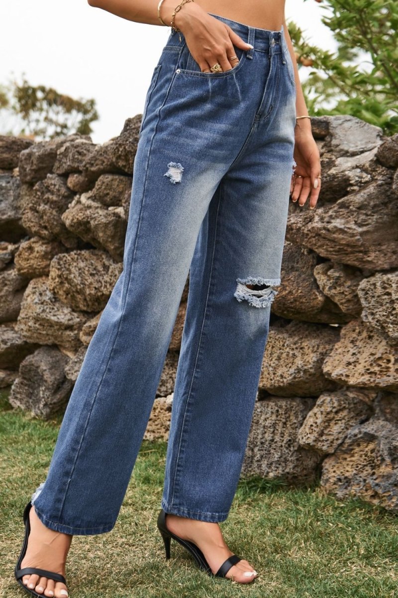 Distressed Buttoned Loose Fit Jeans - Bottoms