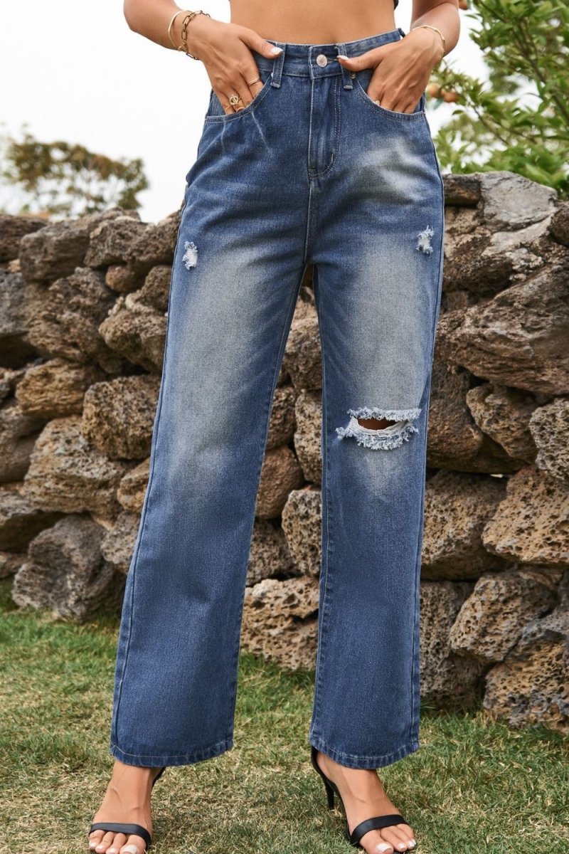 Distressed Buttoned Loose Fit Jeans - Bottoms