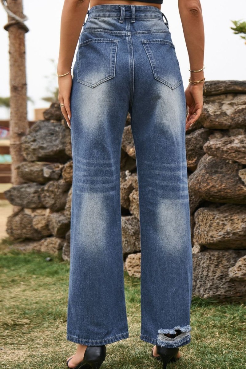 Distressed Buttoned Loose Fit Jeans - Bottoms