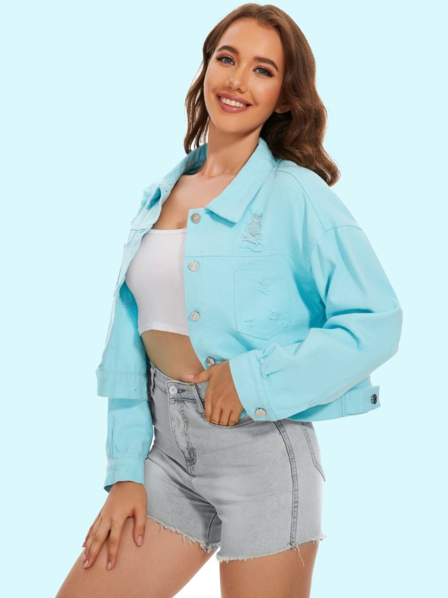 Distressed Distressed Button Up Denim Jacket - Outerwear