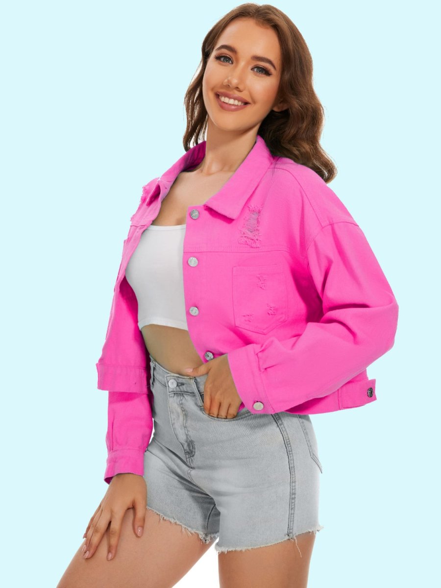 Distressed Distressed Button Up Denim Jacket - Outerwear