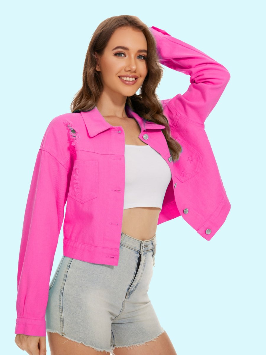 Distressed Distressed Button Up Denim Jacket - Outerwear