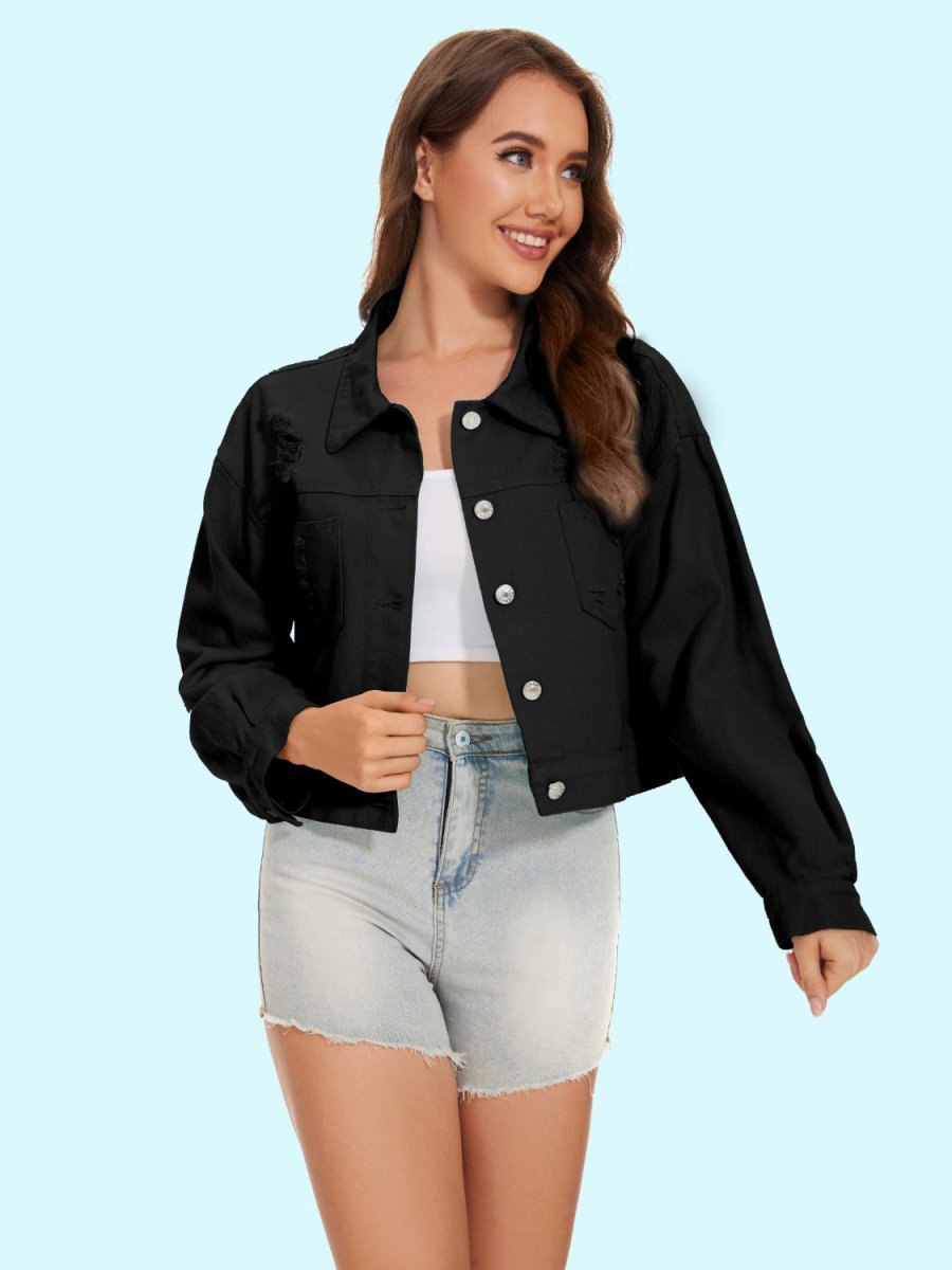 Distressed Distressed Button Up Denim Jacket - Outerwear
