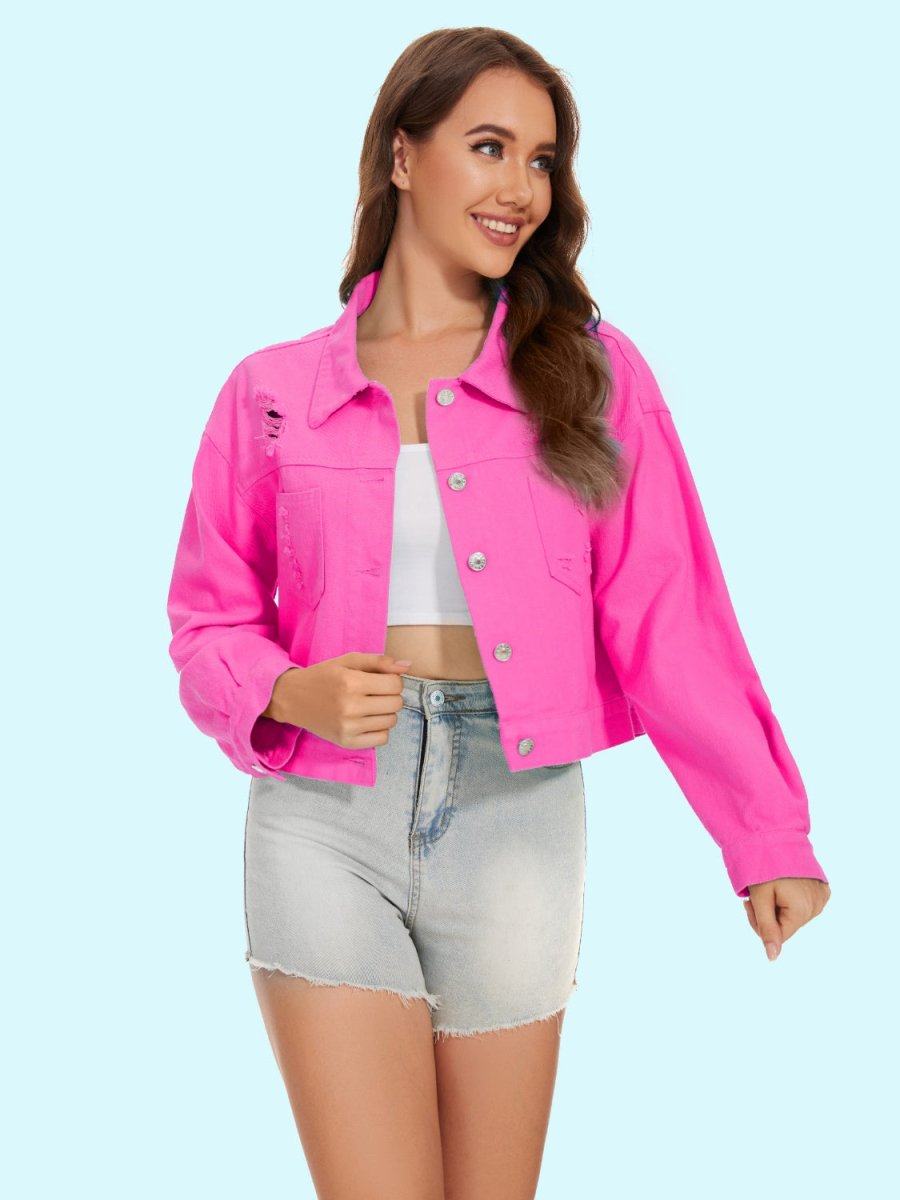 Distressed Distressed Button Up Denim Jacket - Outerwear