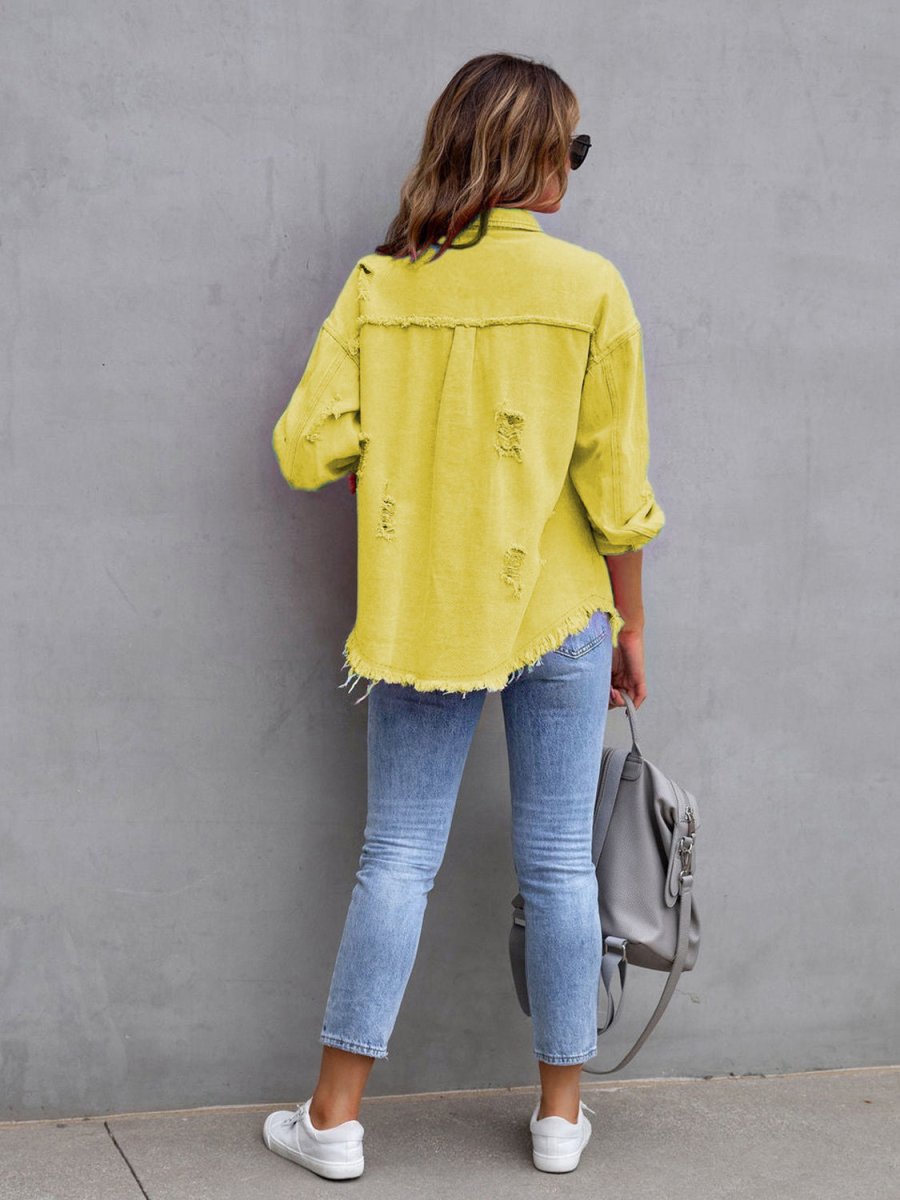 Distressed Drop Shoulder Denim Jacket - Outerwear