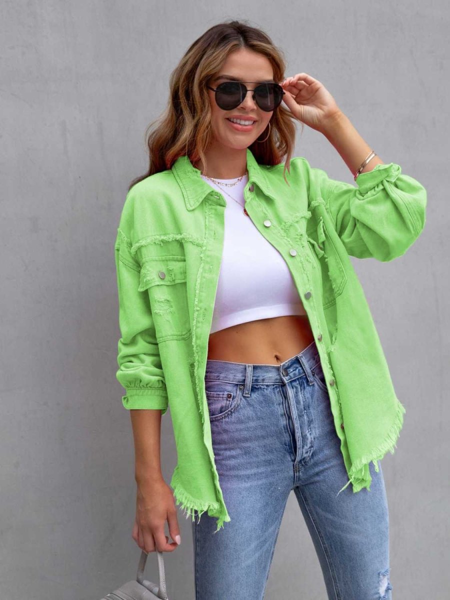 Distressed Drop Shoulder Denim Jacket - Outerwear