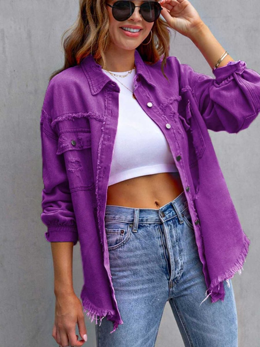 Distressed Drop Shoulder Denim Jacket - Outerwear