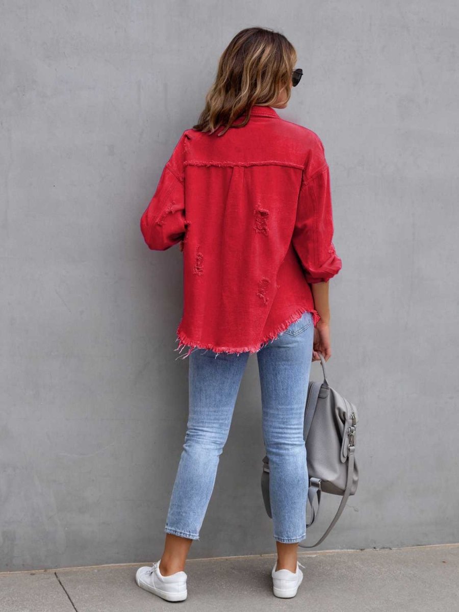 Distressed Drop Shoulder Denim Jacket - Outerwear