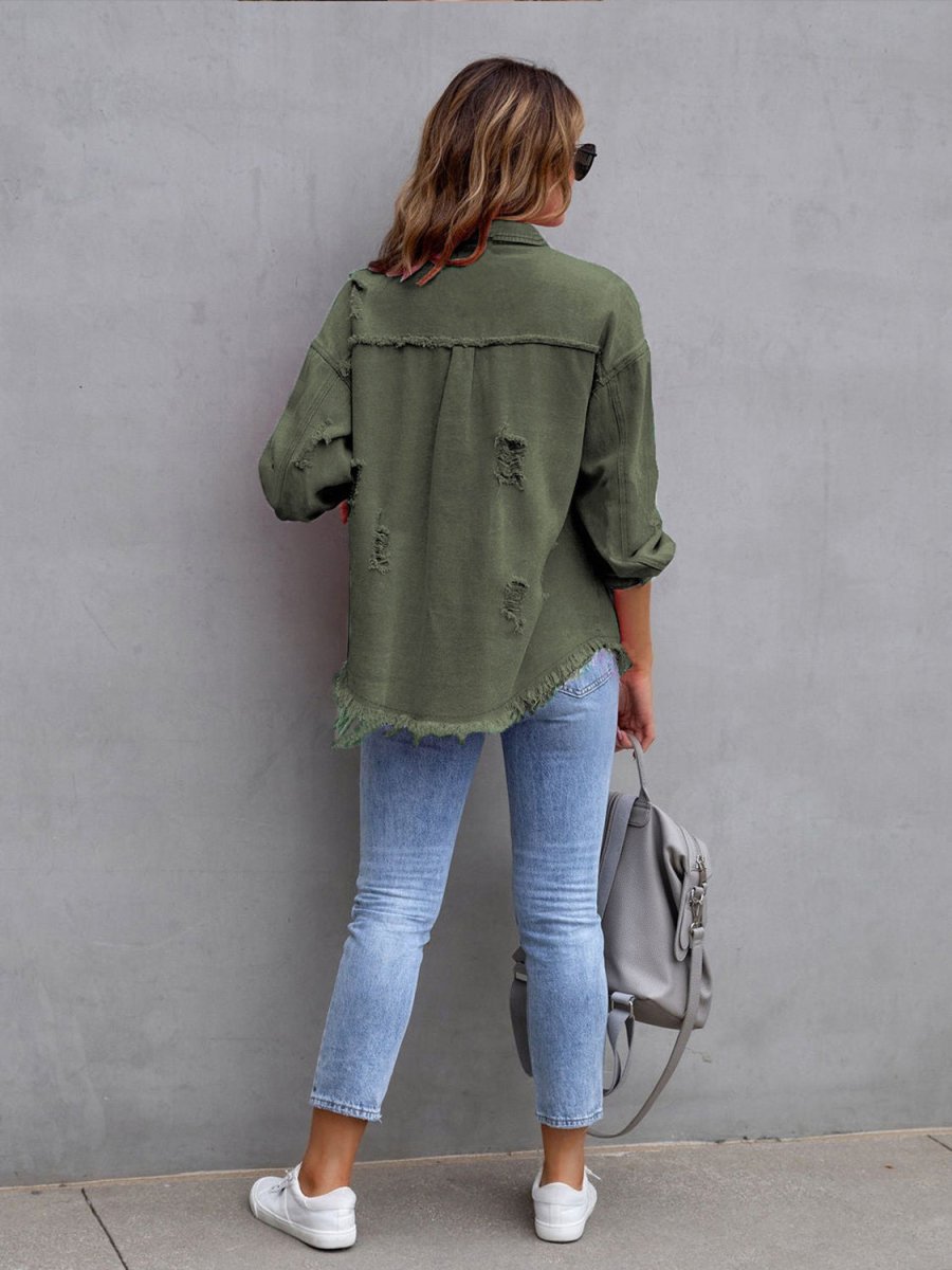 Distressed Drop Shoulder Denim Jacket - Outerwear