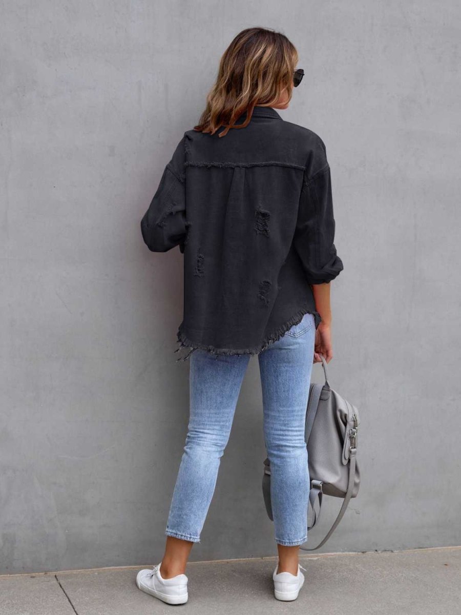 Distressed Drop Shoulder Denim Jacket - Outerwear