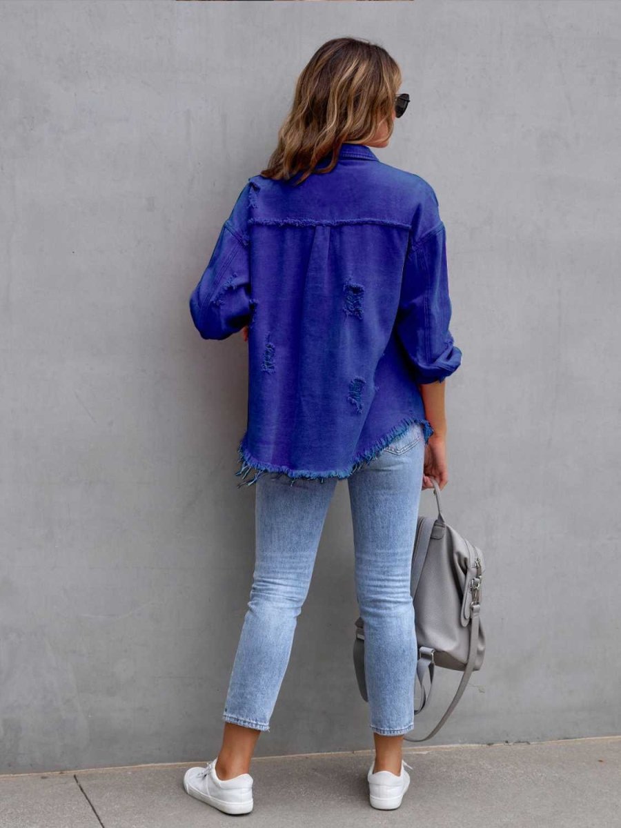 Distressed Drop Shoulder Denim Jacket - Outerwear
